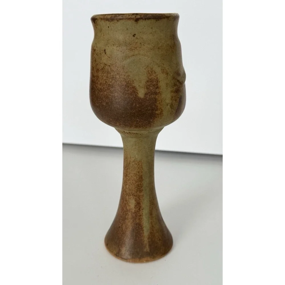 Flat Earth Studio Pottery Goblet Signed DK3 or DKB 1981 Rustic Brown 8.5
